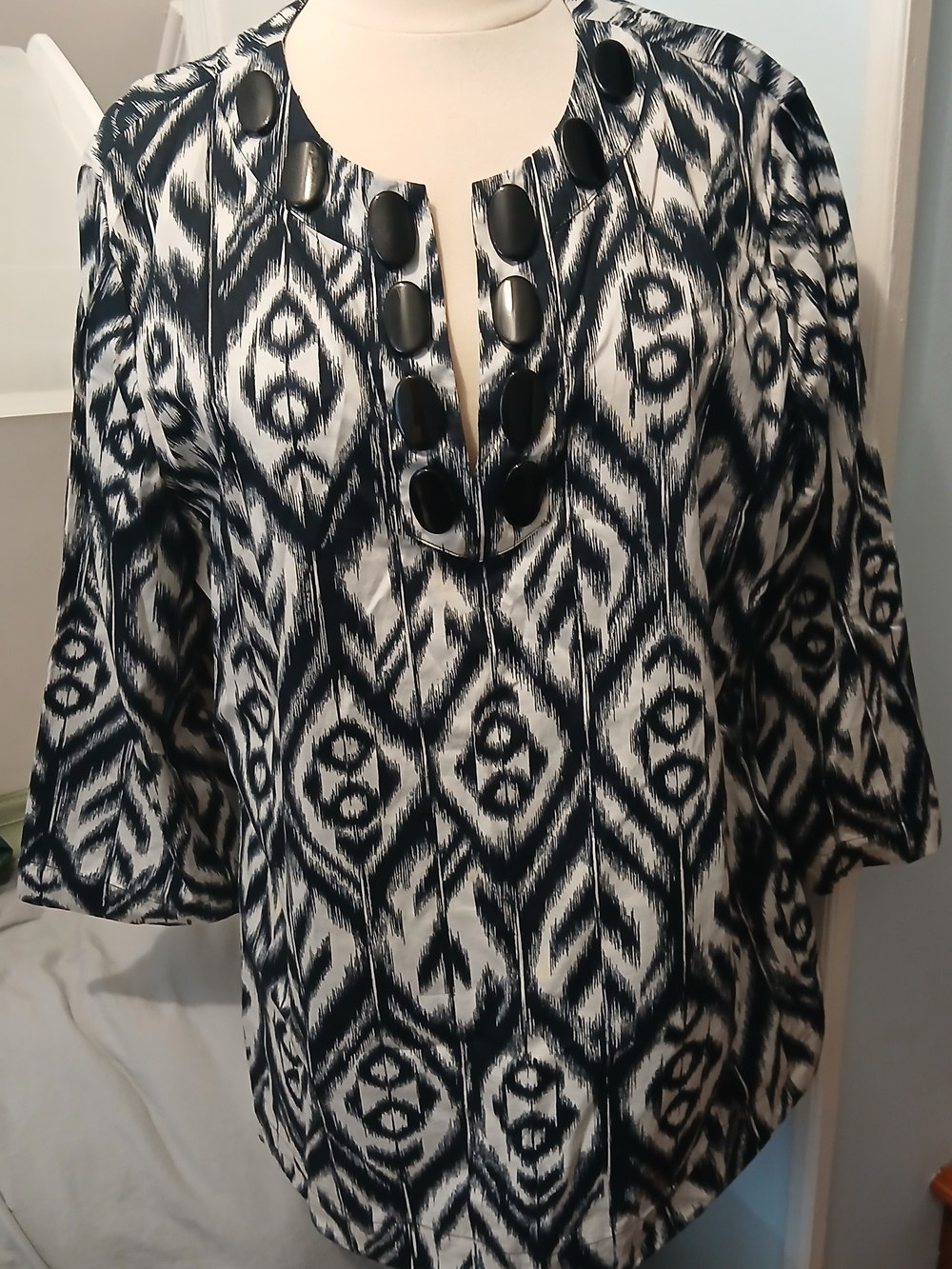 Vintage Jones New York Black and White Ikat Tunic with Decorative Neckline
